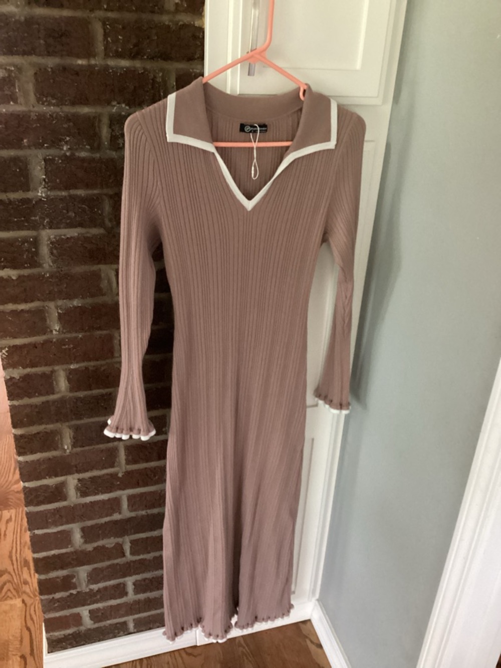 Slim Ribbed Maxi Dress in Taupe with White Trim